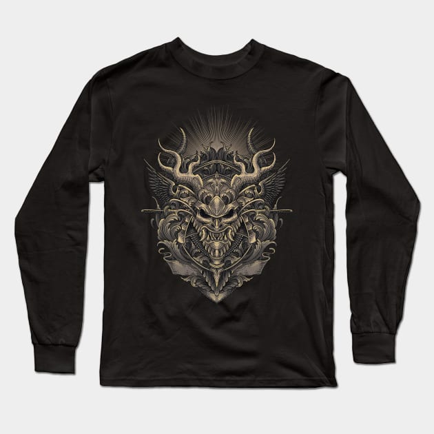 Samurai Head Engraving Art Long Sleeve T-Shirt by Tonymidi Artworks Studio